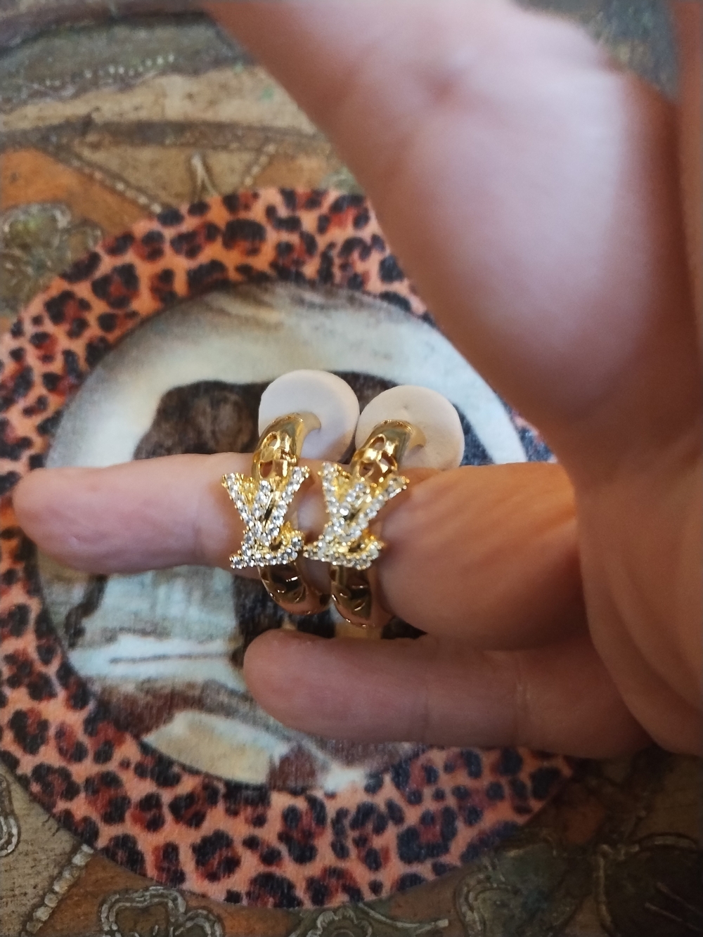 Gold Tone Hoop Earrings with Pavé Rhinestones- Women Jewelry LV